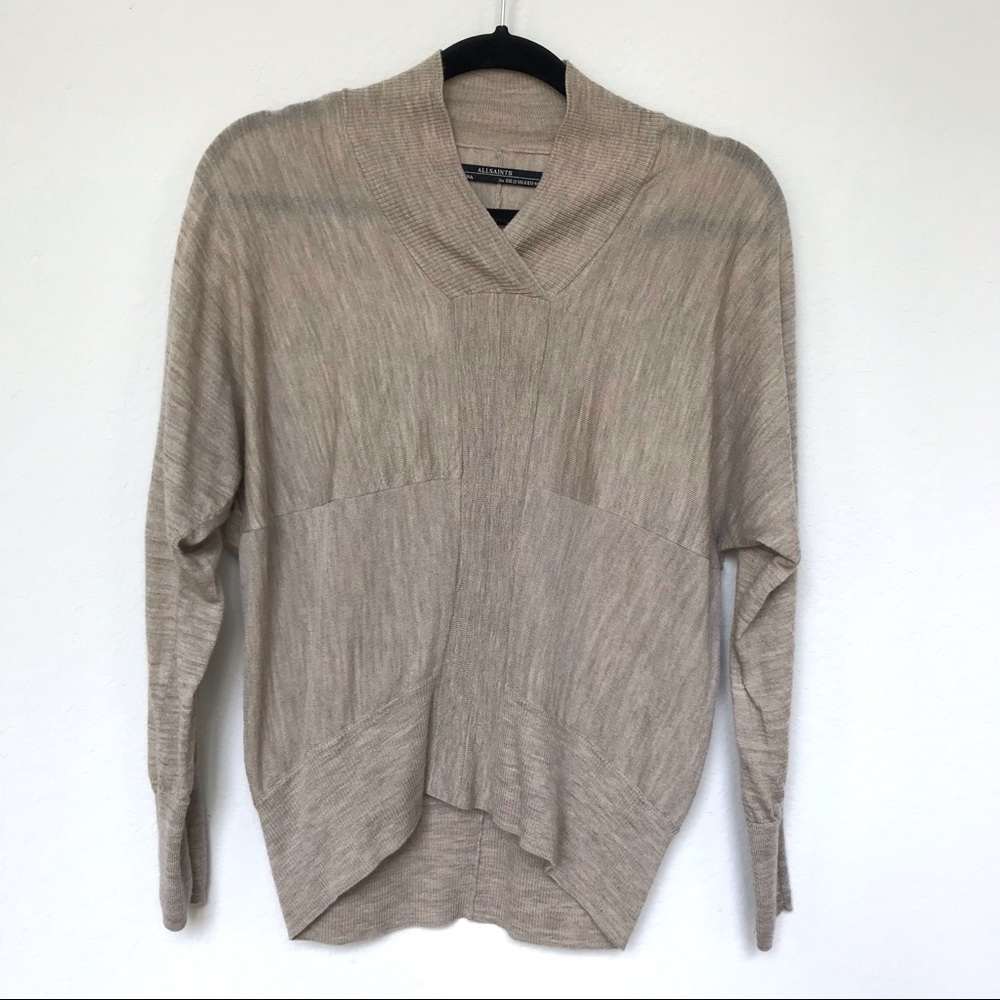 All Saints Tan Brown Jumper Sweater Wool V-Neck US 8